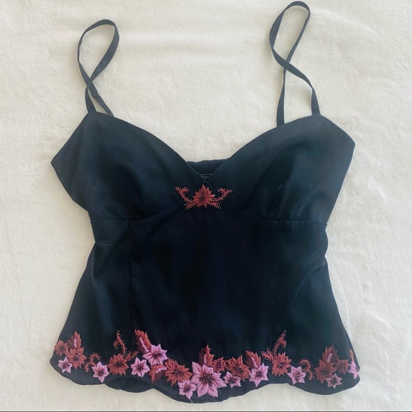 Betsey Johnson Tops - Y2K Betsey Johnson Black Stretch SILK Embroidered Camisole Romantic Goth